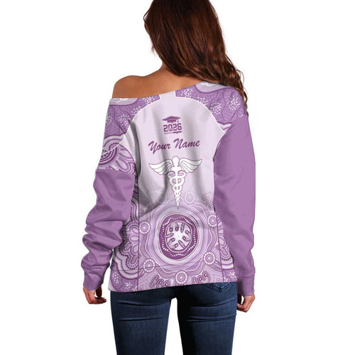 Aussie Nurse RN 2026 Personalised Off Shoulder Sweater Purple Aboriginal Art Pattern Cultural Pride
