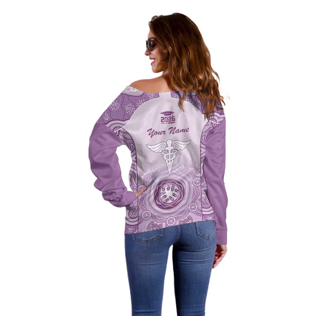 Aussie Nurse RN 2026 Personalised Off Shoulder Sweater Purple Aboriginal Art Pattern Cultural Pride
