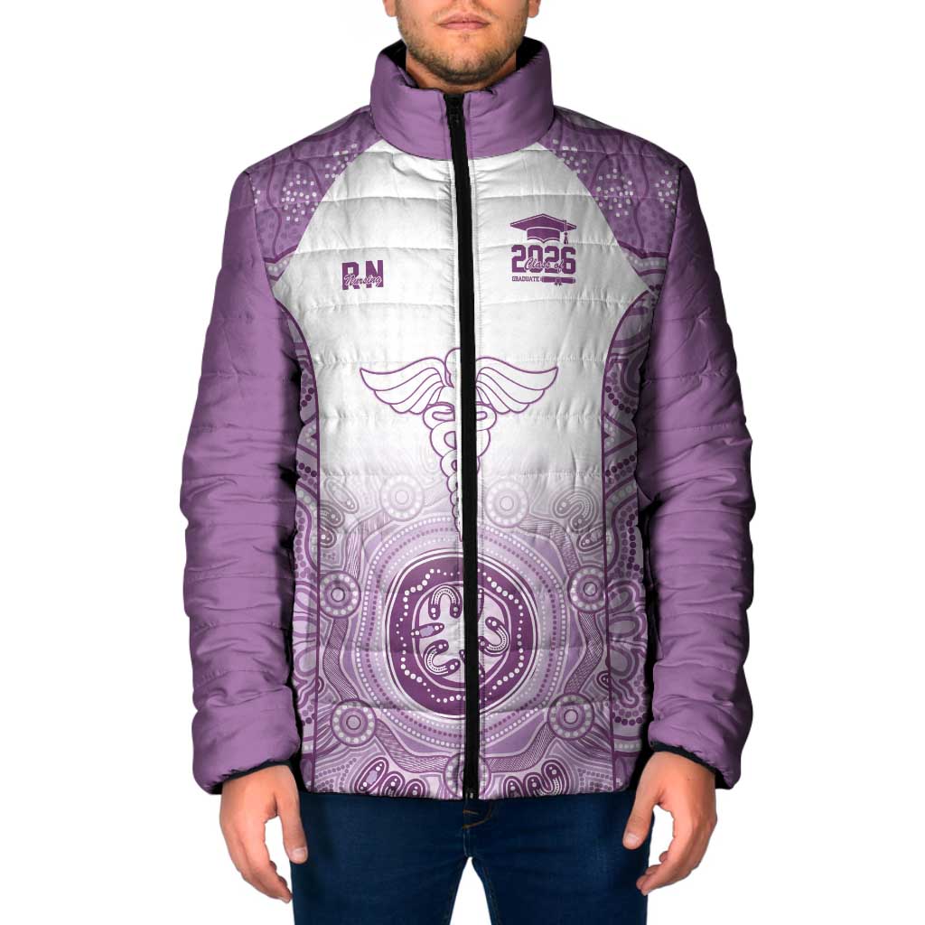 Aussie Nurse RN 2026 Personalised Padded Jacket Purple Aboriginal Art Pattern Cultural Pride