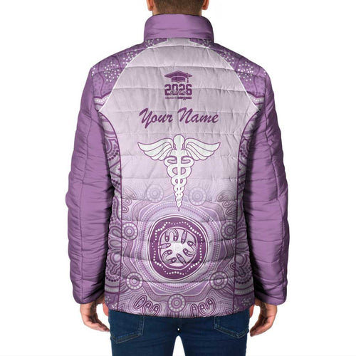 Aussie Nurse RN 2026 Personalised Padded Jacket Purple Aboriginal Art Pattern Cultural Pride
