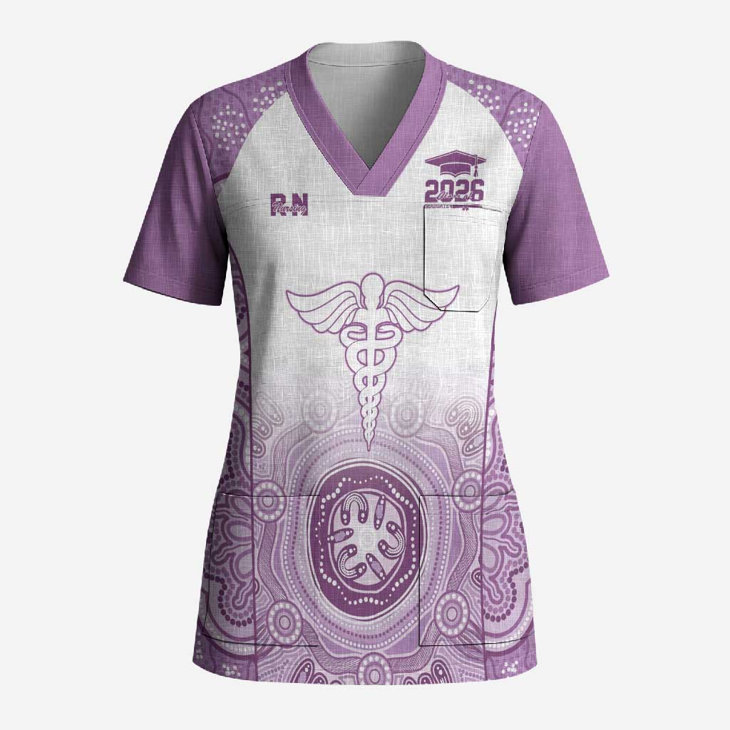 Aussie Nurse RN 2026 Personalised Scrub Top Purple Aboriginal Art Pattern Cultural Pride