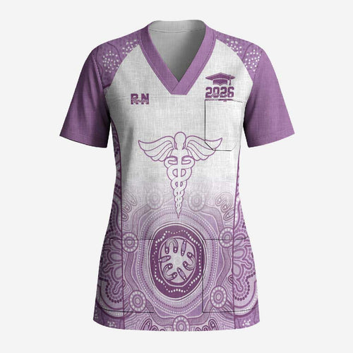 Aussie Nurse RN 2026 Personalised Scrub Top Purple Aboriginal Art Pattern Cultural Pride