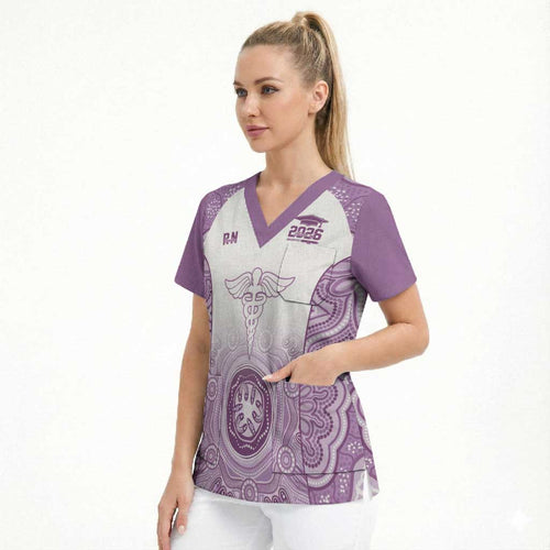 Aussie Nurse RN 2026 Personalised Scrub Top Purple Aboriginal Art Pattern Cultural Pride