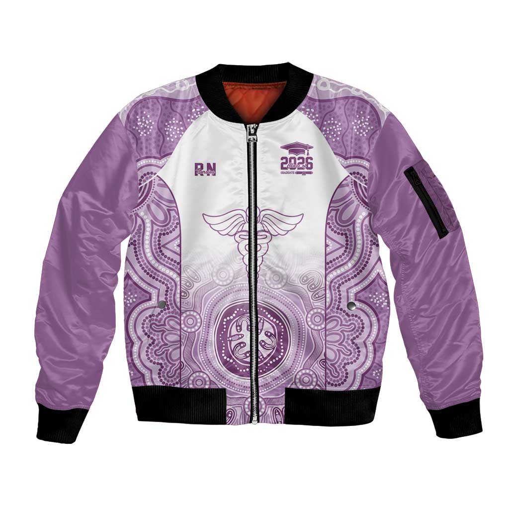 Aussie Nurse RN 2026 Personalised Sleeve Zip Bomber Jacket Purple Aboriginal Art Pattern Cultural Pride