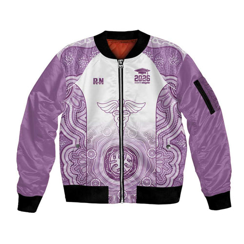 Aussie Nurse RN 2026 Personalised Sleeve Zip Bomber Jacket Purple Aboriginal Art Pattern Cultural Pride