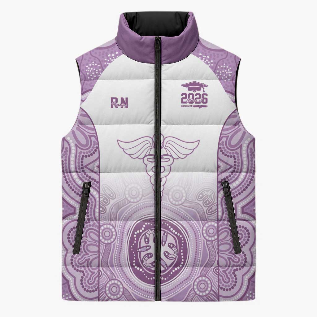 Aussie Nurse RN 2026 Personalised Sleeveless Puffer Jacket Purple Aboriginal Art Pattern Cultural Pride