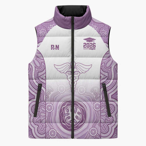 Aussie Nurse RN 2026 Personalised Sleeveless Puffer Jacket Purple Aboriginal Art Pattern Cultural Pride