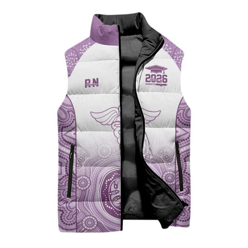 Aussie Nurse RN 2026 Personalised Sleeveless Puffer Jacket Purple Aboriginal Art Pattern Cultural Pride
