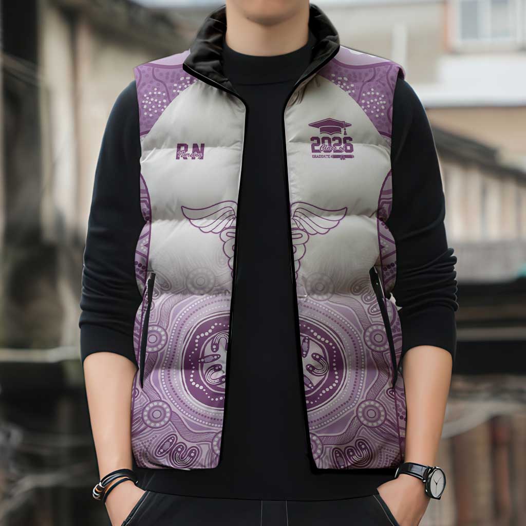 Aussie Nurse RN 2026 Personalised Sleeveless Puffer Jacket Purple Aboriginal Art Pattern Cultural Pride