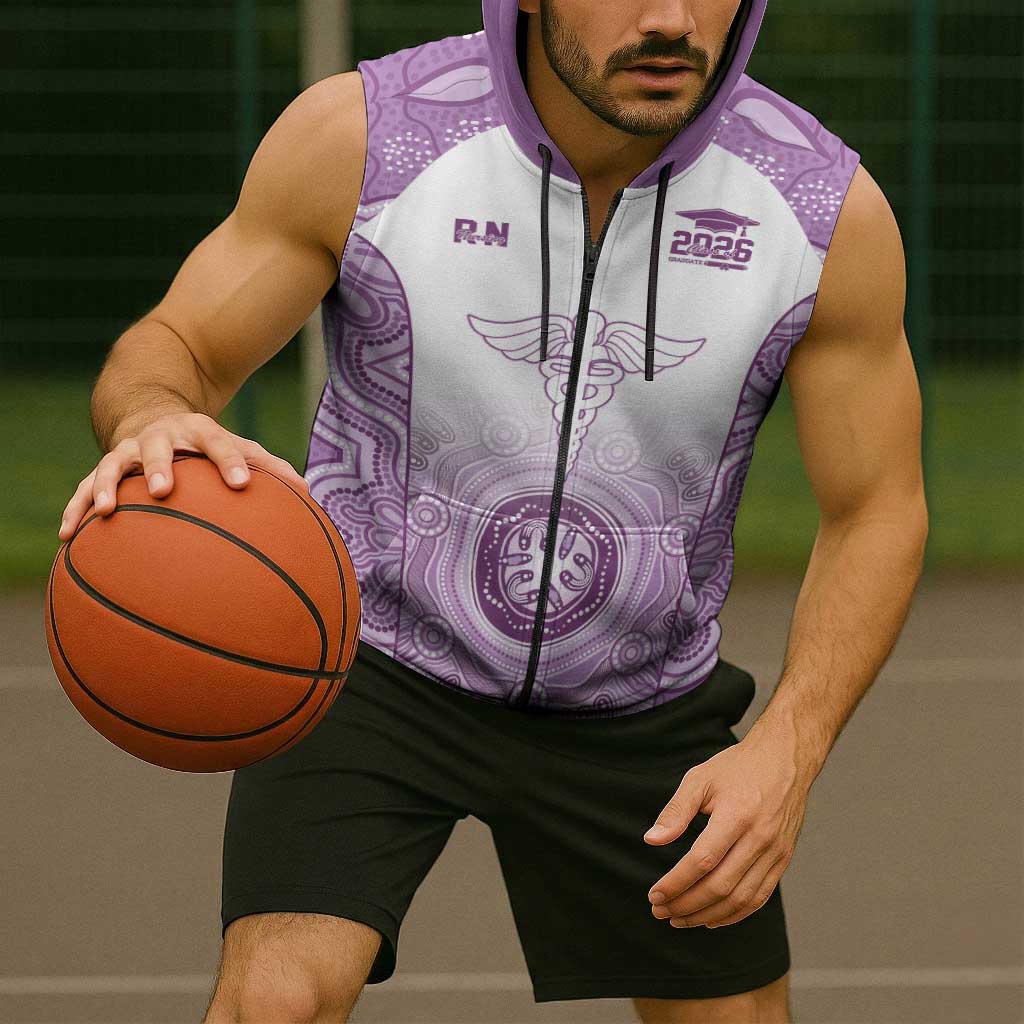 Aussie Nurse RN 2026 Personalised Sleeveless Zip Hoodie Purple Aboriginal Art Pattern Cultural Pride