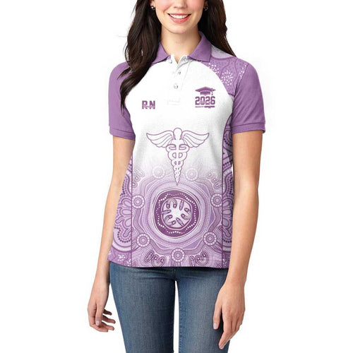 Aussie Nurse RN 2026 Personalised Women Polo Shirt Purple Aboriginal Art Pattern Cultural Pride