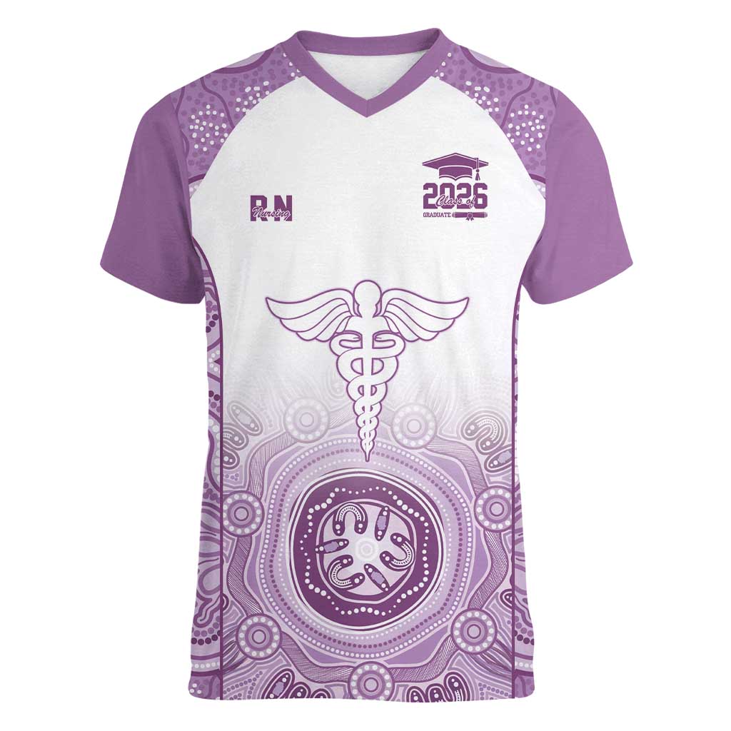 Aussie Nurse RN 2026 Personalised Women V-Neck T-Shirt Purple Aboriginal Art Pattern Cultural Pride