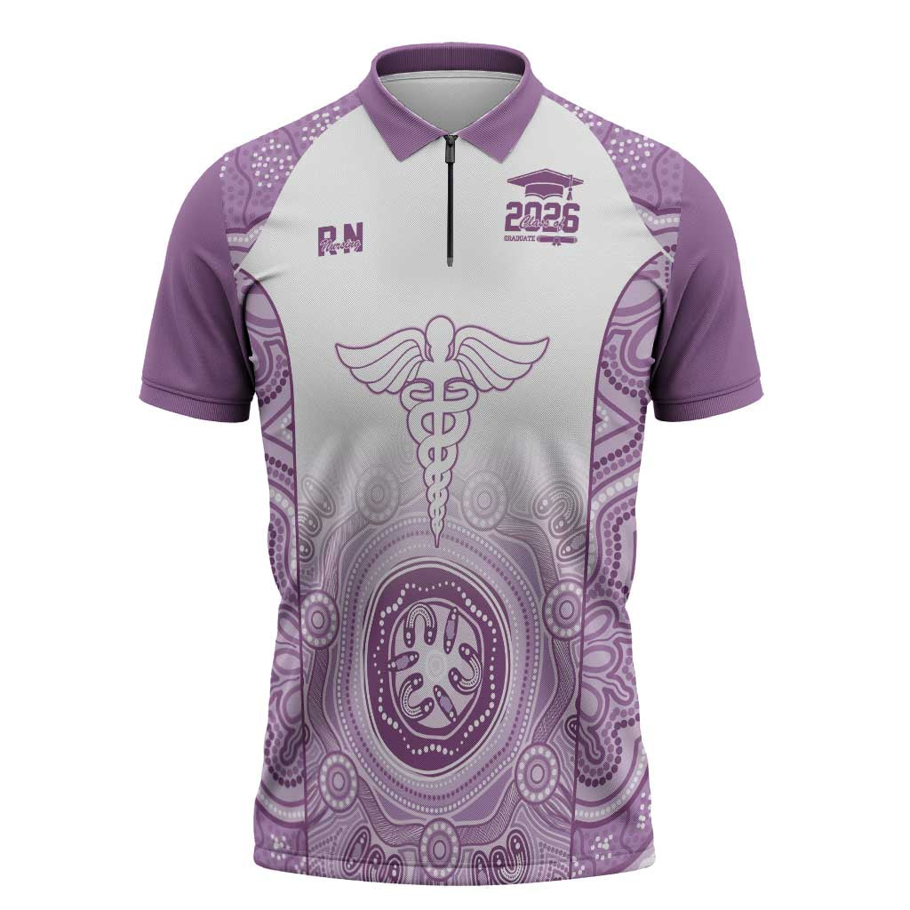 Aussie Nurse RN 2026 Personalised Zipper Polo Shirt Purple Aboriginal Art Pattern Cultural Pride