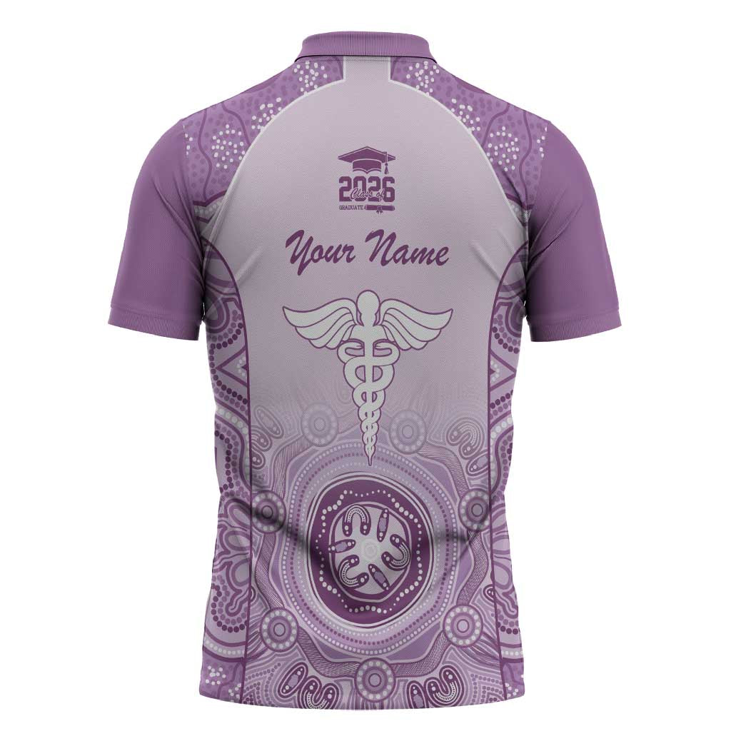 Aussie Nurse RN 2026 Personalised Zipper Polo Shirt Purple Aboriginal Art Pattern Cultural Pride