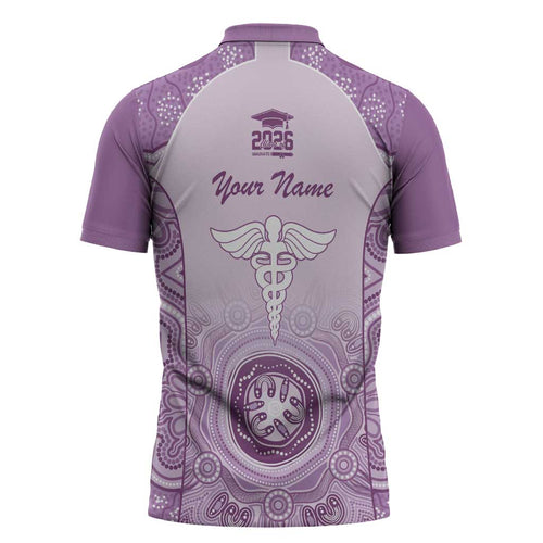 Aussie Nurse RN 2026 Personalised Zipper Polo Shirt Purple Aboriginal Art Pattern Cultural Pride