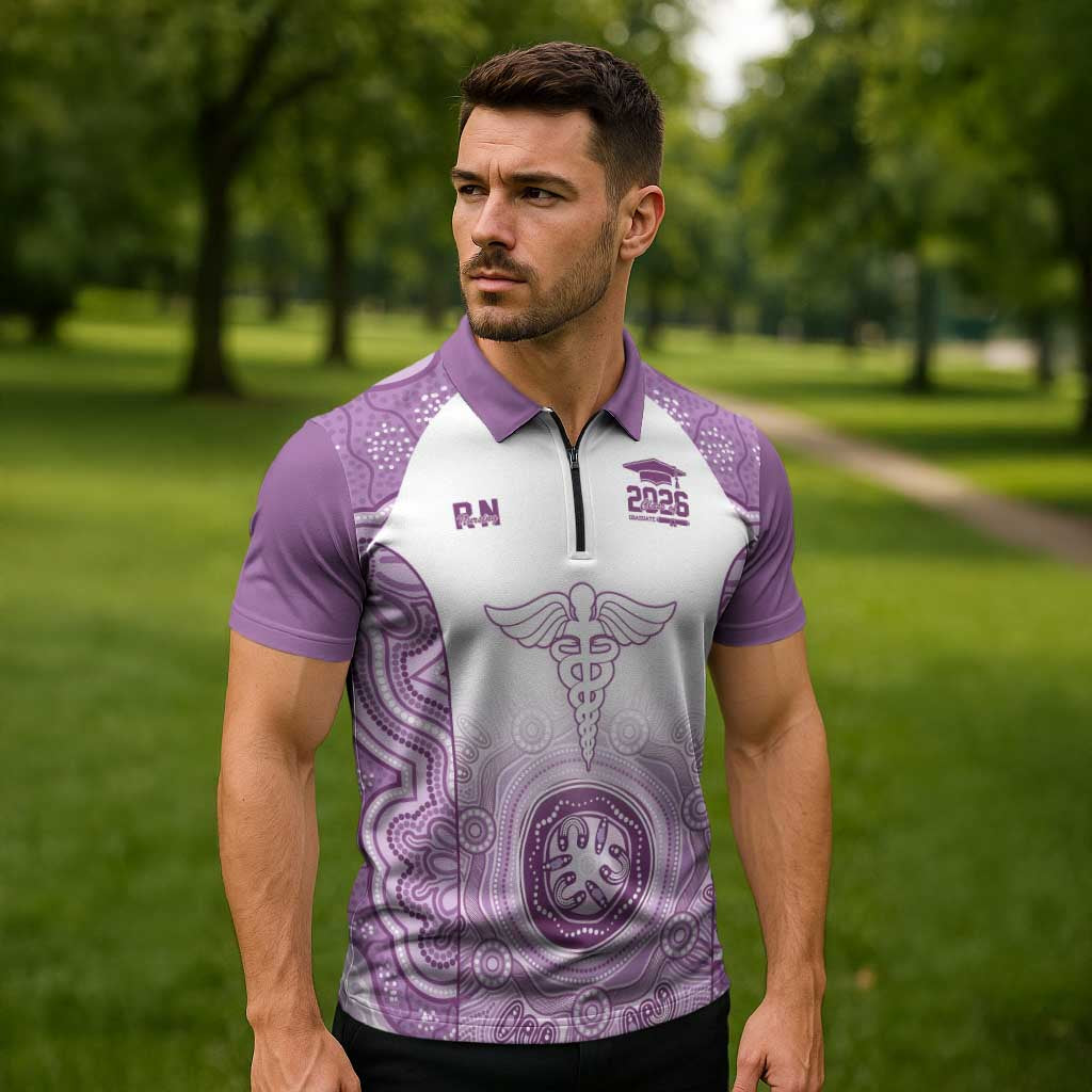 Aussie Nurse RN 2026 Personalised Zipper Polo Shirt Purple Aboriginal Art Pattern Cultural Pride