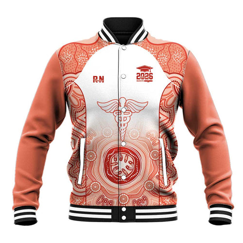Aussie Nurse RN 2026 Personalised Baseball Jacket Red Aboriginal Art Pattern Cultural Pride