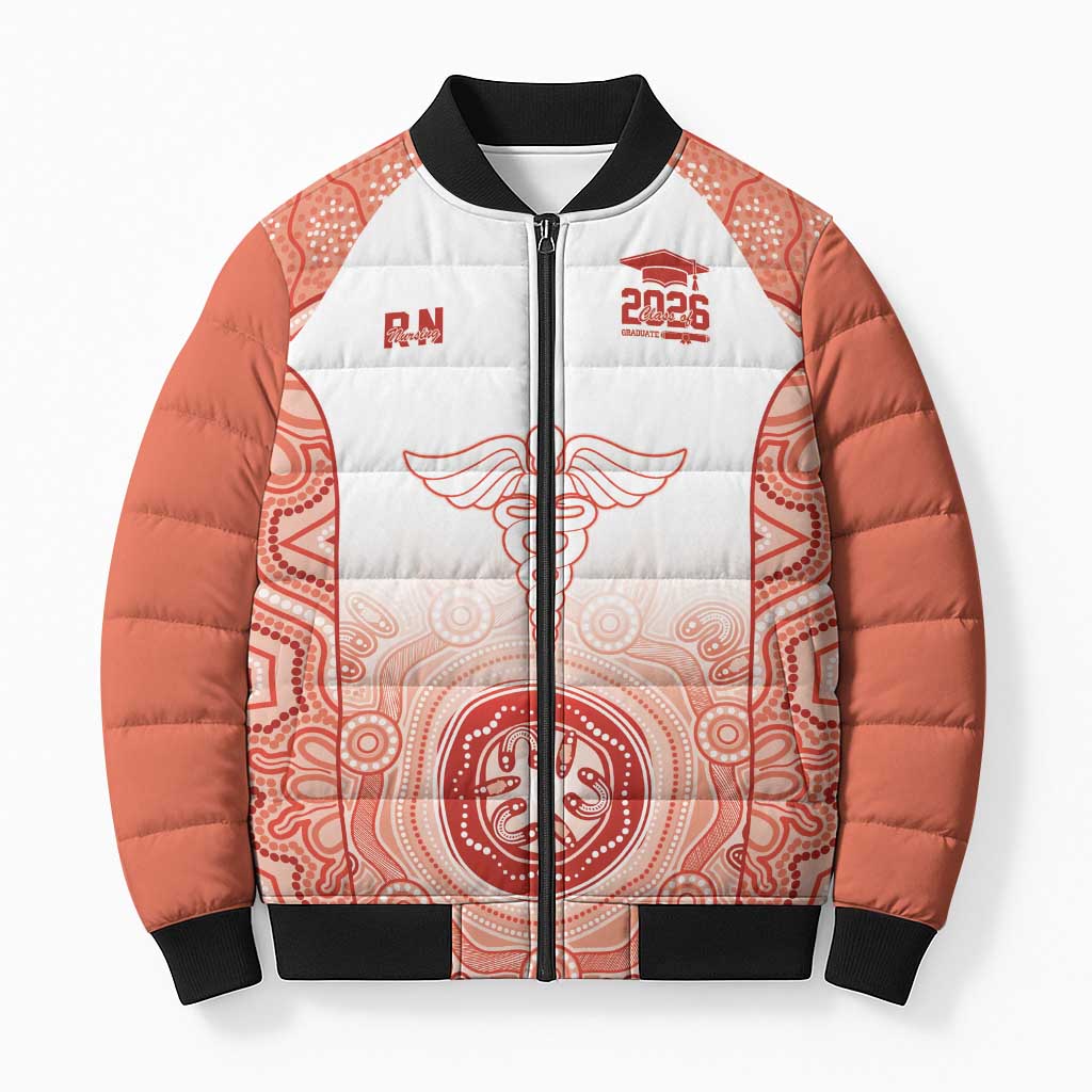 Aussie Nurse RN 2026 Personalised Bomber Puffer Jacket Red Aboriginal Art Pattern Cultural Pride