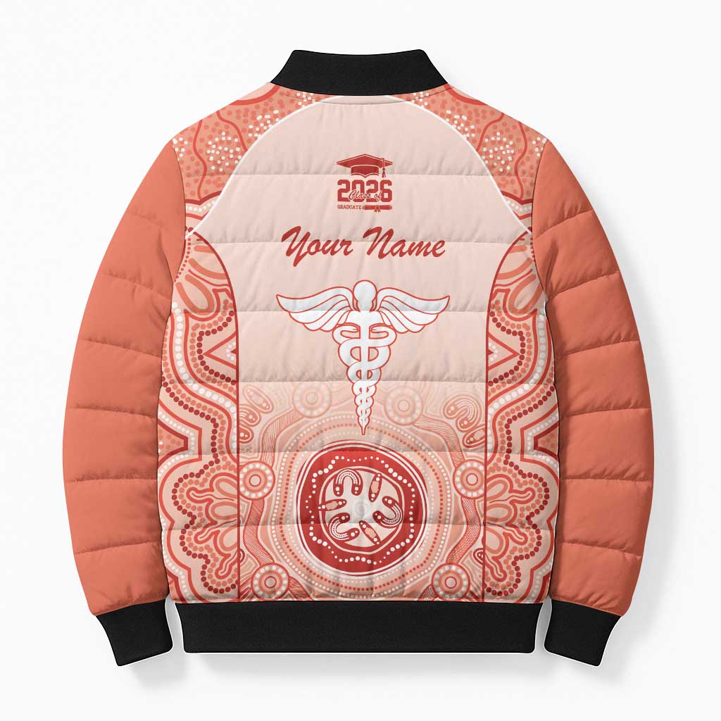 Aussie Nurse RN 2026 Personalised Bomber Puffer Jacket Red Aboriginal Art Pattern Cultural Pride