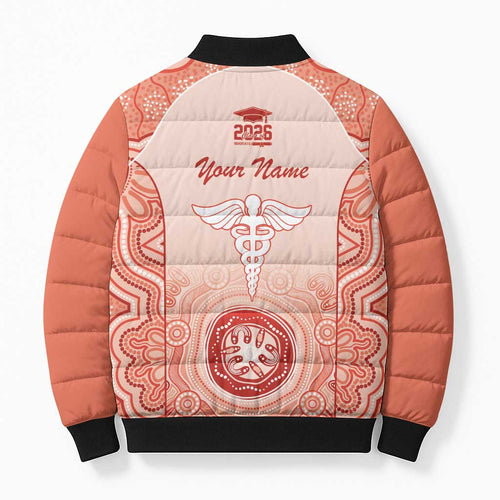 Aussie Nurse RN 2026 Personalised Bomber Puffer Jacket Red Aboriginal Art Pattern Cultural Pride