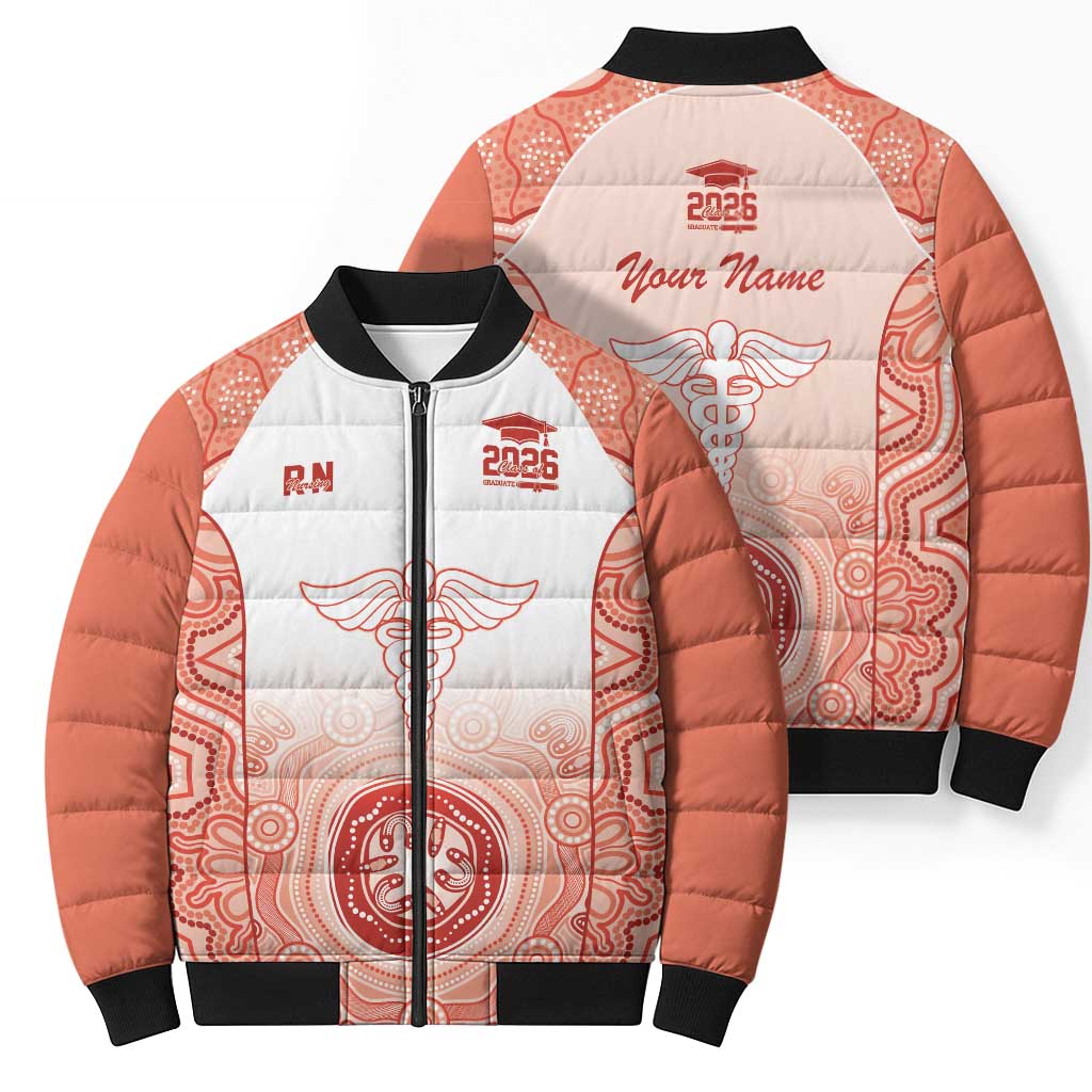 Aussie Nurse RN 2026 Personalised Bomber Puffer Jacket Red Aboriginal Art Pattern Cultural Pride