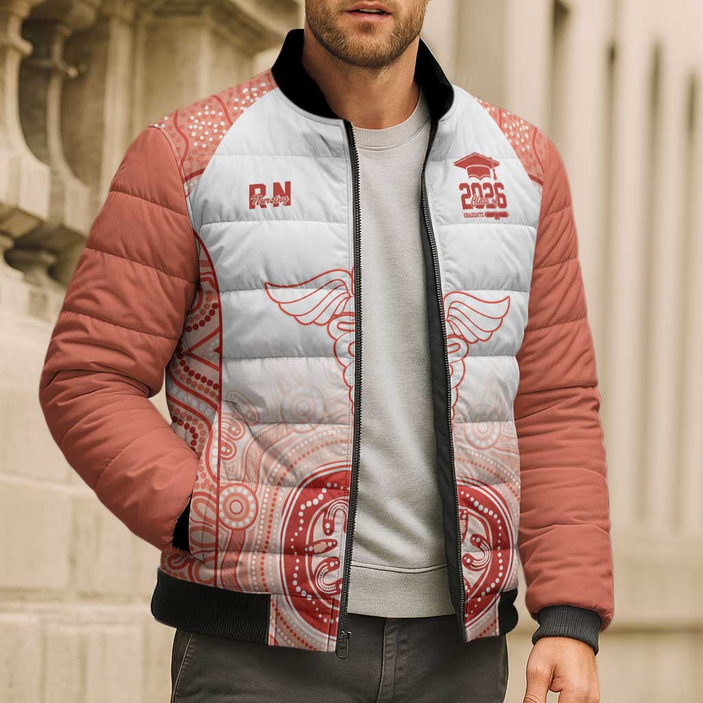 Aussie Nurse RN 2026 Personalised Bomber Puffer Jacket Red Aboriginal Art Pattern Cultural Pride