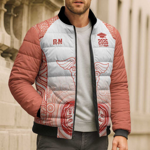 Aussie Nurse RN 2026 Personalised Bomber Puffer Jacket Red Aboriginal Art Pattern Cultural Pride