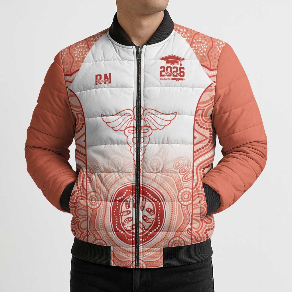 Aussie Nurse RN 2026 Personalised Bomber Puffer Jacket Red Aboriginal Art Pattern Cultural Pride