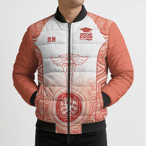 Aussie Nurse RN 2026 Personalised Bomber Puffer Jacket Red Aboriginal Art Pattern Cultural Pride