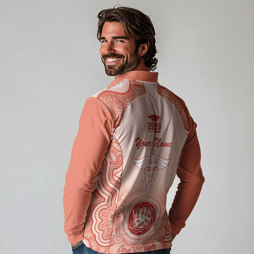 Aussie Nurse RN 2026 Personalised Long Sleeve Polo Shirt Red Aboriginal Art Pattern Cultural Pride