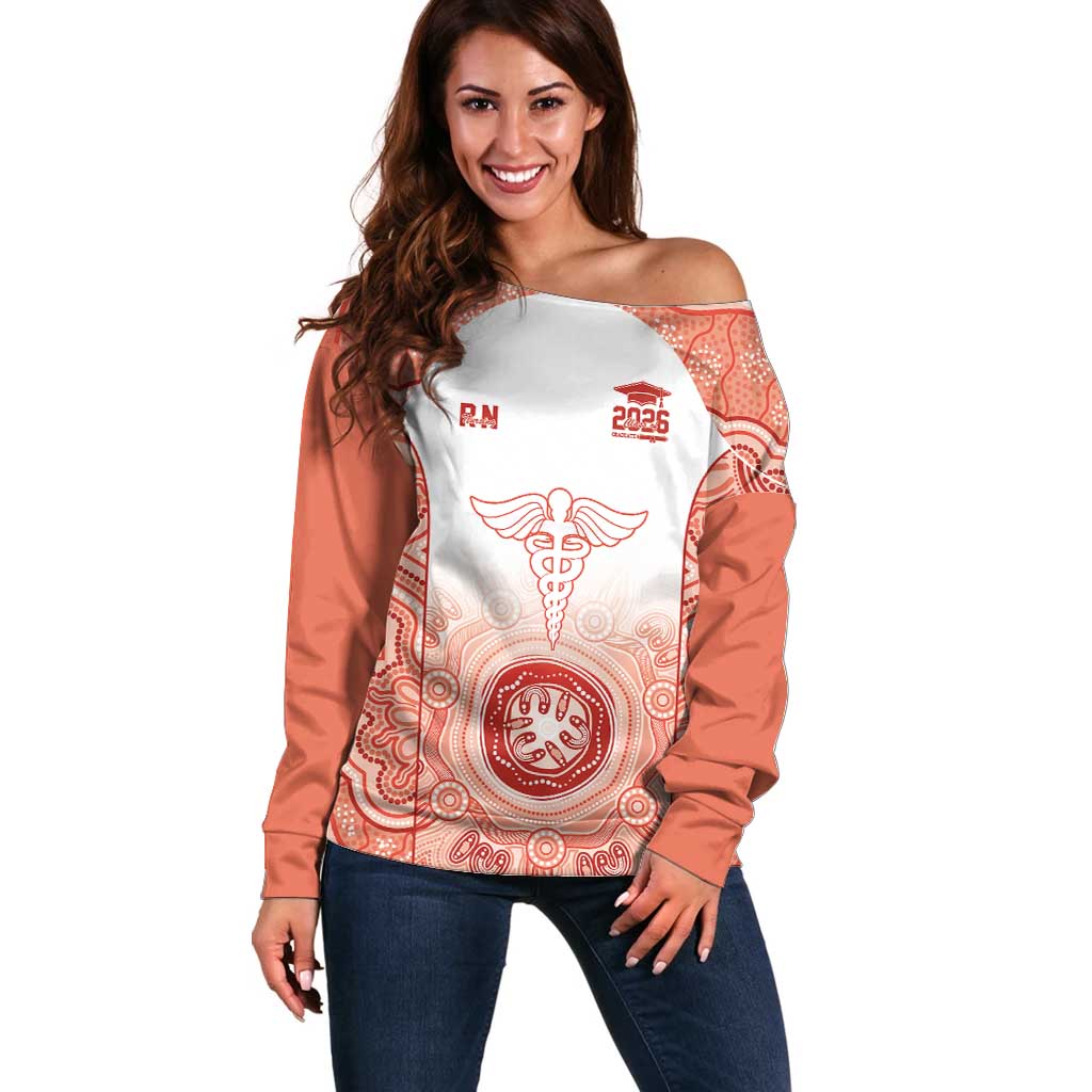 Aussie Nurse RN 2026 Personalised Off Shoulder Sweater Red Aboriginal Art Pattern Cultural Pride