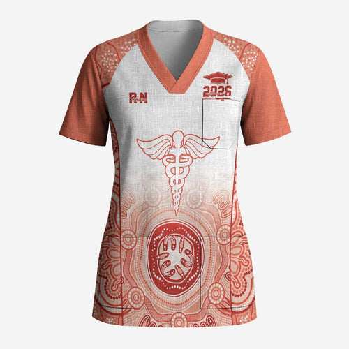 Aussie Nurse RN 2026 Personalised Scrub Top Red Aboriginal Art Pattern Cultural Pride