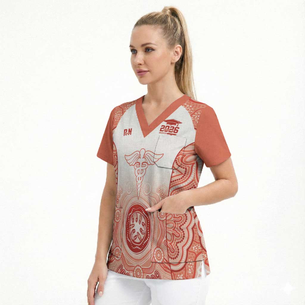 Aussie Nurse RN 2026 Personalised Scrub Top Red Aboriginal Art Pattern Cultural Pride