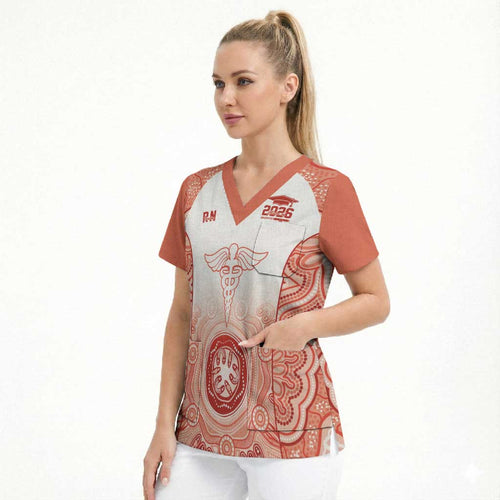 Aussie Nurse RN 2026 Personalised Scrub Top Red Aboriginal Art Pattern Cultural Pride