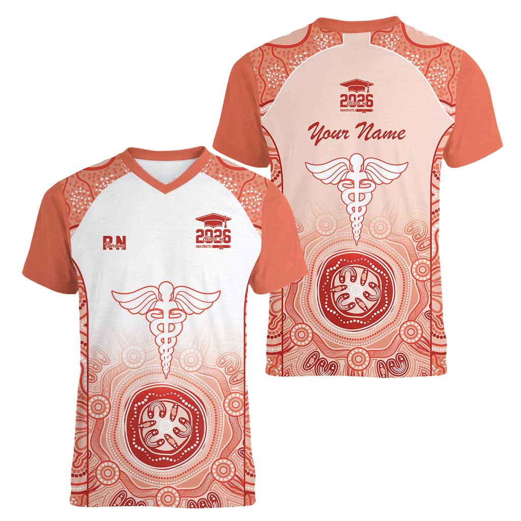 Aussie Nurse RN 2026 Personalised Women V-Neck T-Shirt Red Aboriginal Art Pattern Cultural Pride
