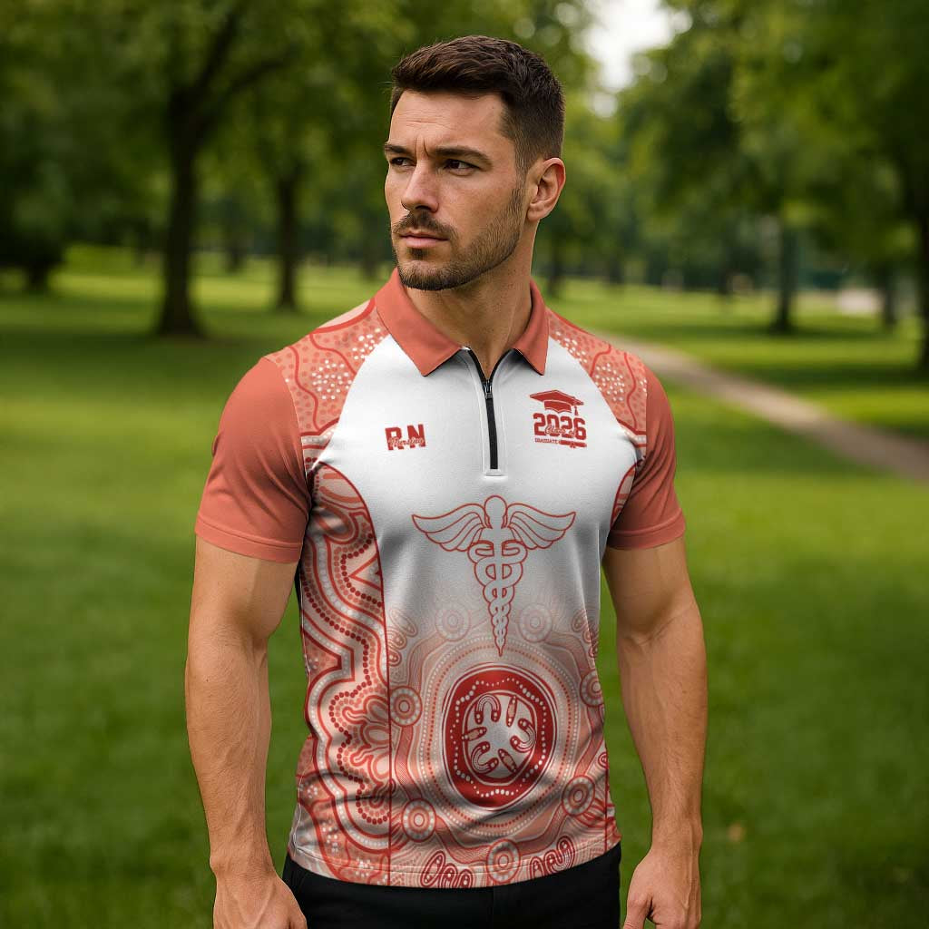 Aussie Nurse RN 2026 Personalised Zipper Polo Shirt Red Aboriginal Art Pattern Cultural Pride