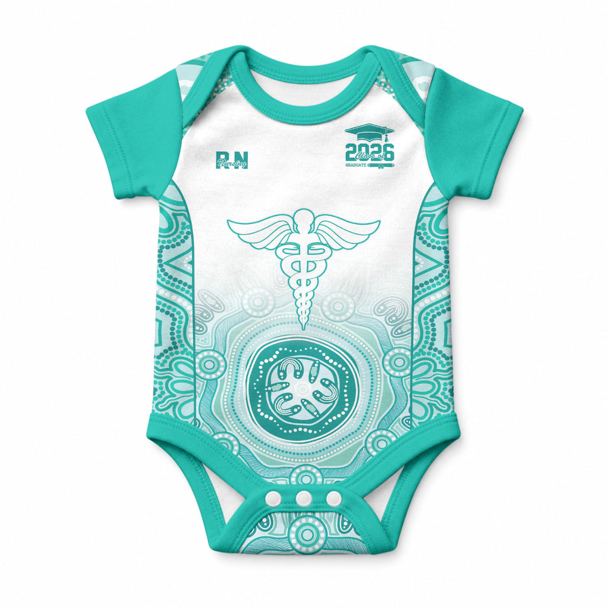 Aussie Nurse RN 2026 Personalised Baby Onesie Turquoise Aboriginal Art Pattern Cultural Pride