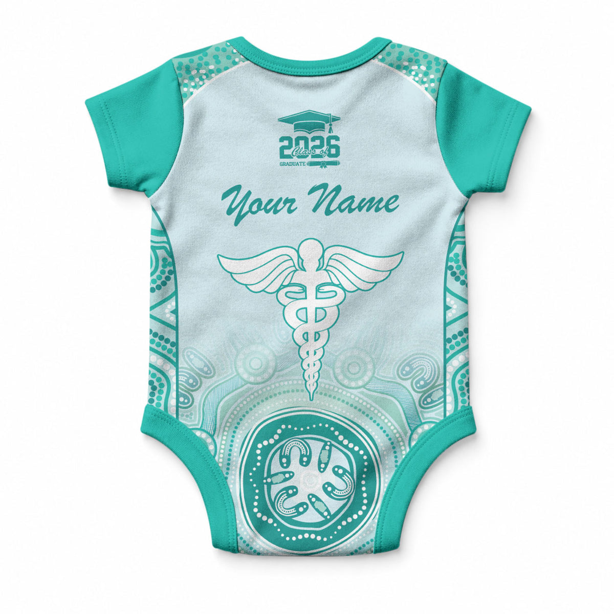 Aussie Nurse RN 2026 Personalised Baby Onesie Turquoise Aboriginal Art Pattern Cultural Pride
