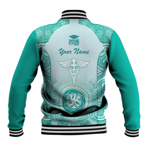 Aussie Nurse RN 2026 Personalised Baseball Jacket Turquoise Aboriginal Art Pattern Cultural Pride