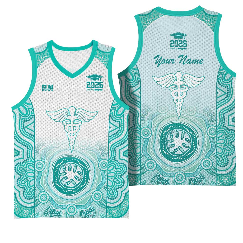 Aussie Nurse RN 2026 Personalised Basketball Jersey Turquoise Aboriginal Art Pattern Cultural Pride
