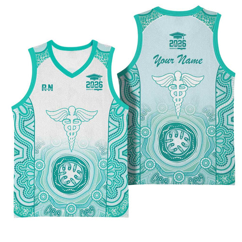 Aussie Nurse RN 2026 Personalised Basketball Jersey Turquoise Aboriginal Art Pattern Cultural Pride