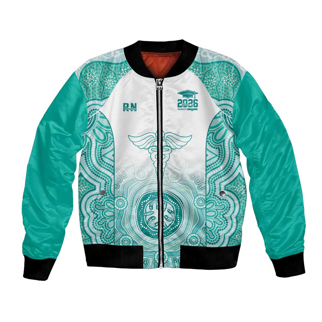 Aussie Nurse RN 2026 Personalised Bomber Jacket Turquoise Aboriginal Art Pattern Cultural Pride