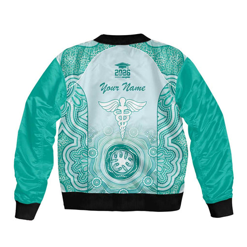 Aussie Nurse RN 2026 Personalised Bomber Jacket Turquoise Aboriginal Art Pattern Cultural Pride