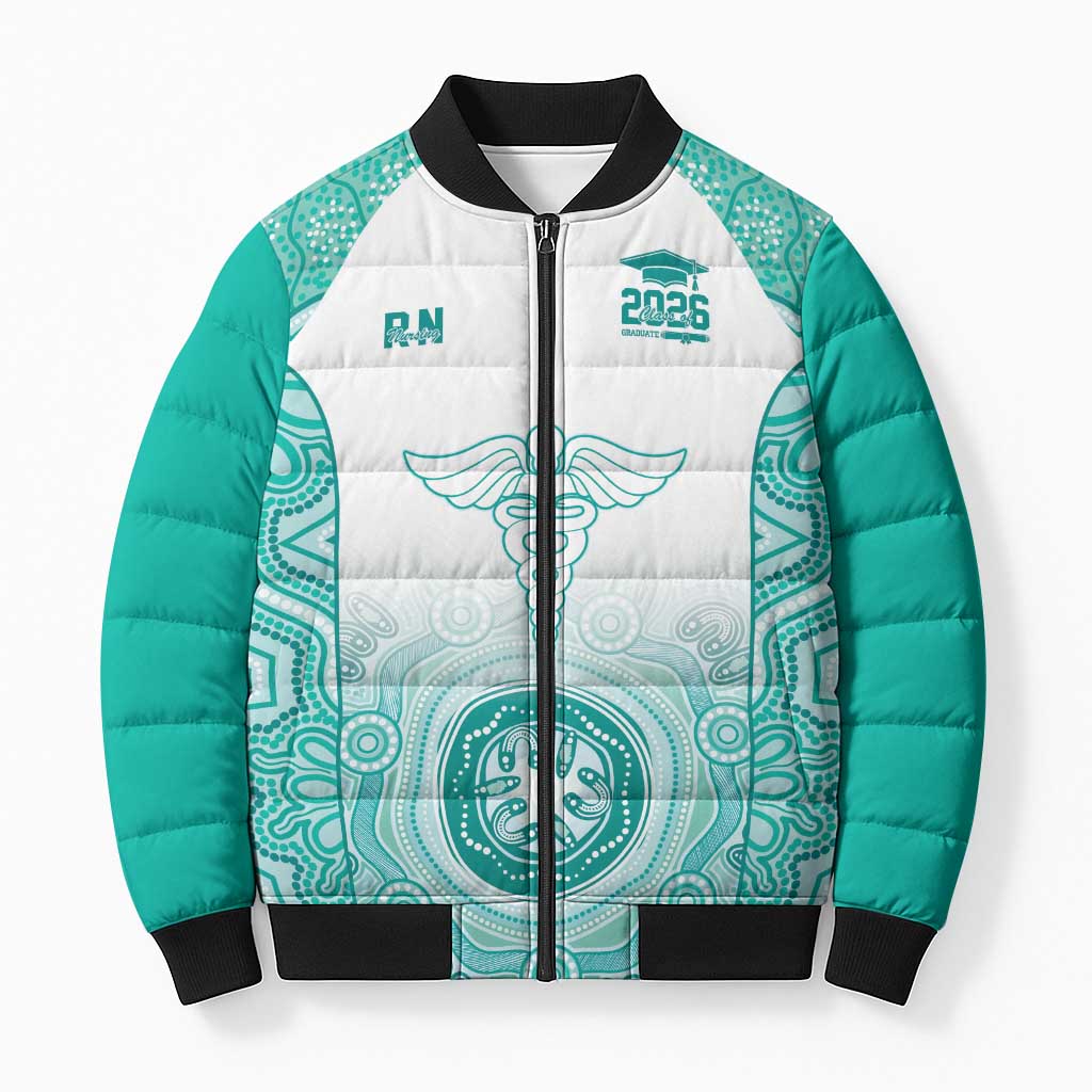 Aussie Nurse RN 2026 Personalised Bomber Puffer Jacket Turquoise Aboriginal Art Pattern Cultural Pride