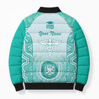 Aussie Nurse RN 2026 Personalised Bomber Puffer Jacket Turquoise Aboriginal Art Pattern Cultural Pride