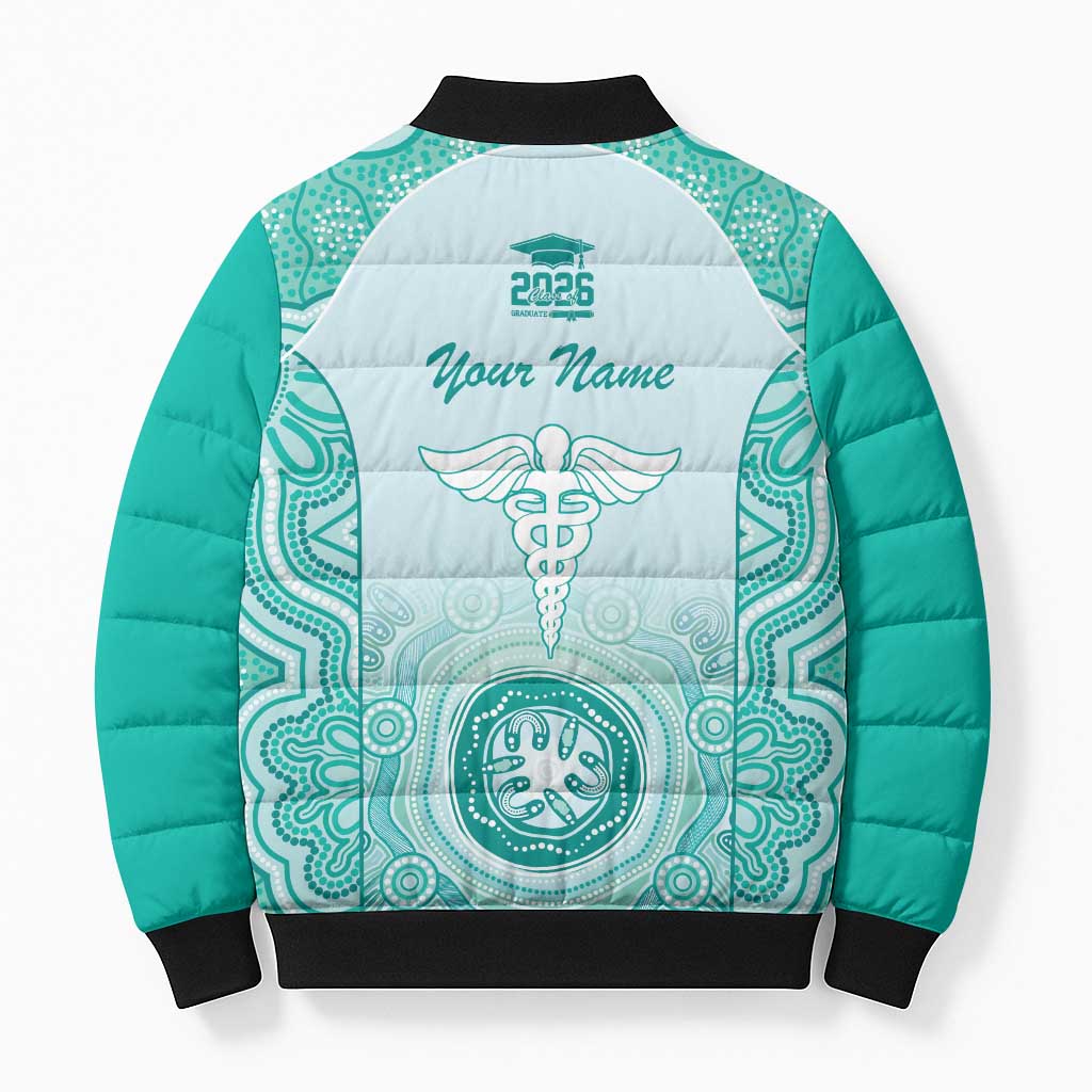 Aussie Nurse RN 2026 Personalised Bomber Puffer Jacket Turquoise Aboriginal Art Pattern Cultural Pride