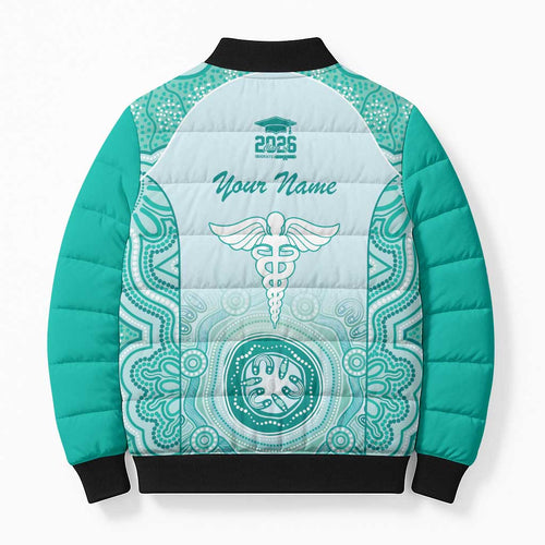 Aussie Nurse RN 2026 Personalised Bomber Puffer Jacket Turquoise Aboriginal Art Pattern Cultural Pride