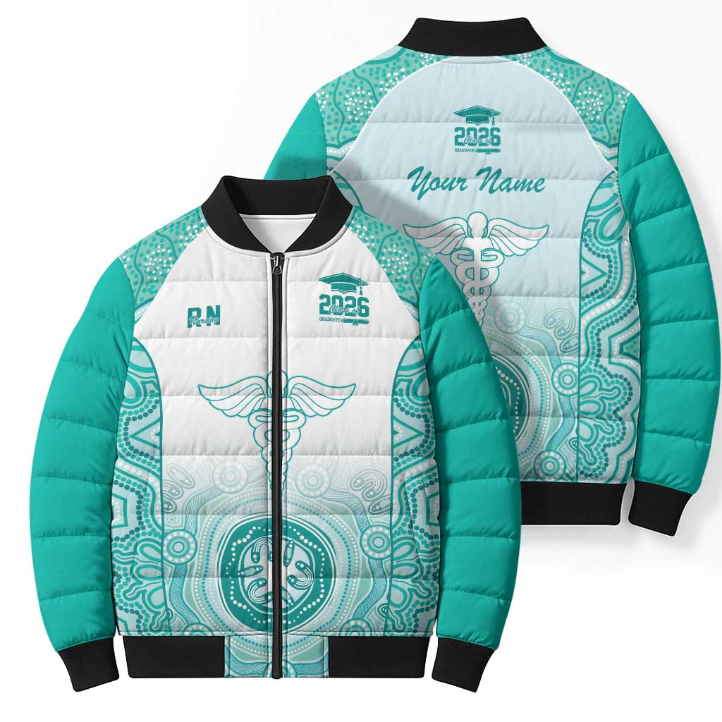 Aussie Nurse RN 2026 Personalised Bomber Puffer Jacket Turquoise Aboriginal Art Pattern Cultural Pride