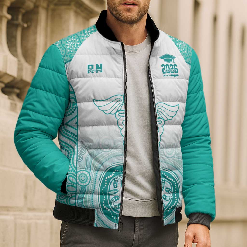 Aussie Nurse RN 2026 Personalised Bomber Puffer Jacket Turquoise Aboriginal Art Pattern Cultural Pride