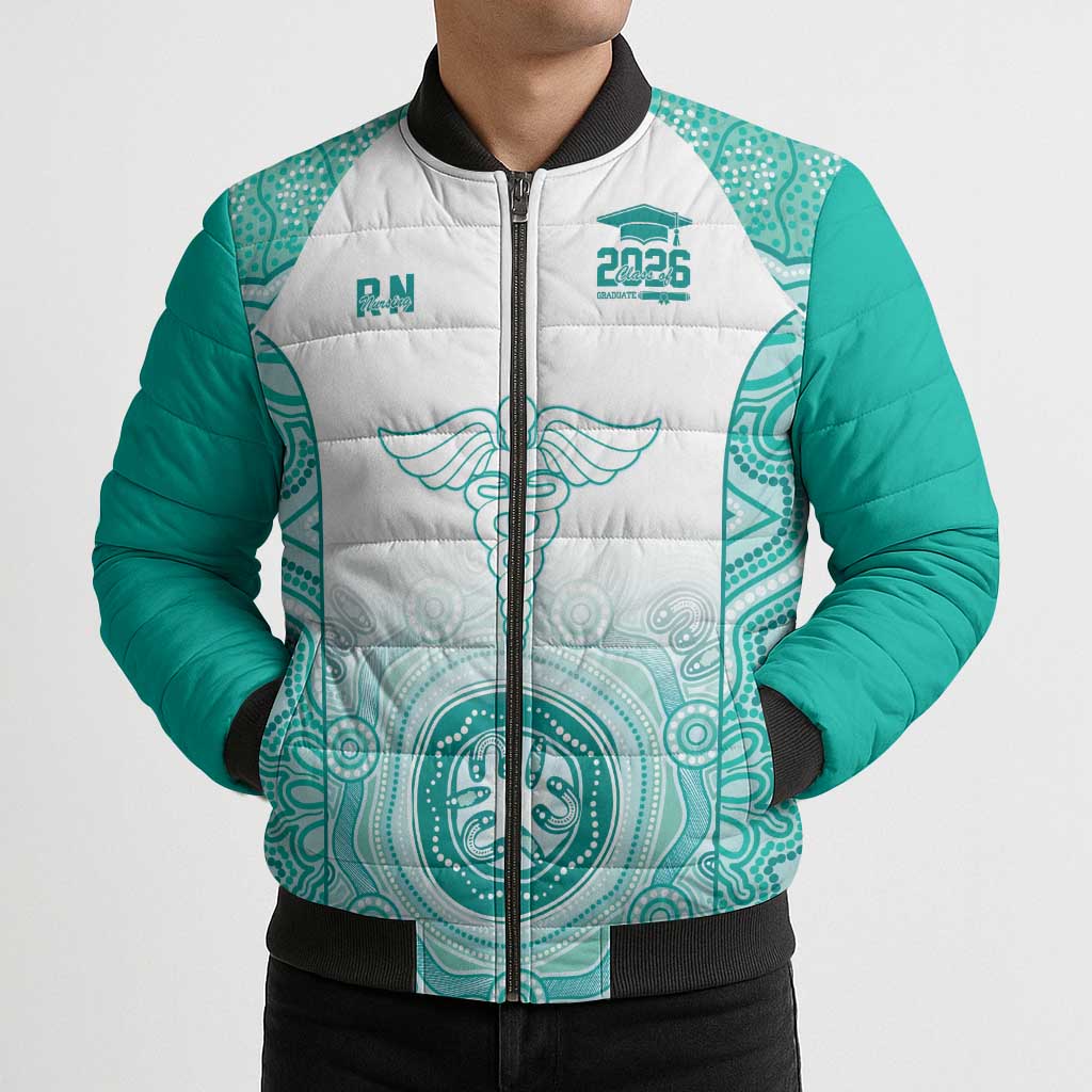 Aussie Nurse RN 2026 Personalised Bomber Puffer Jacket Turquoise Aboriginal Art Pattern Cultural Pride